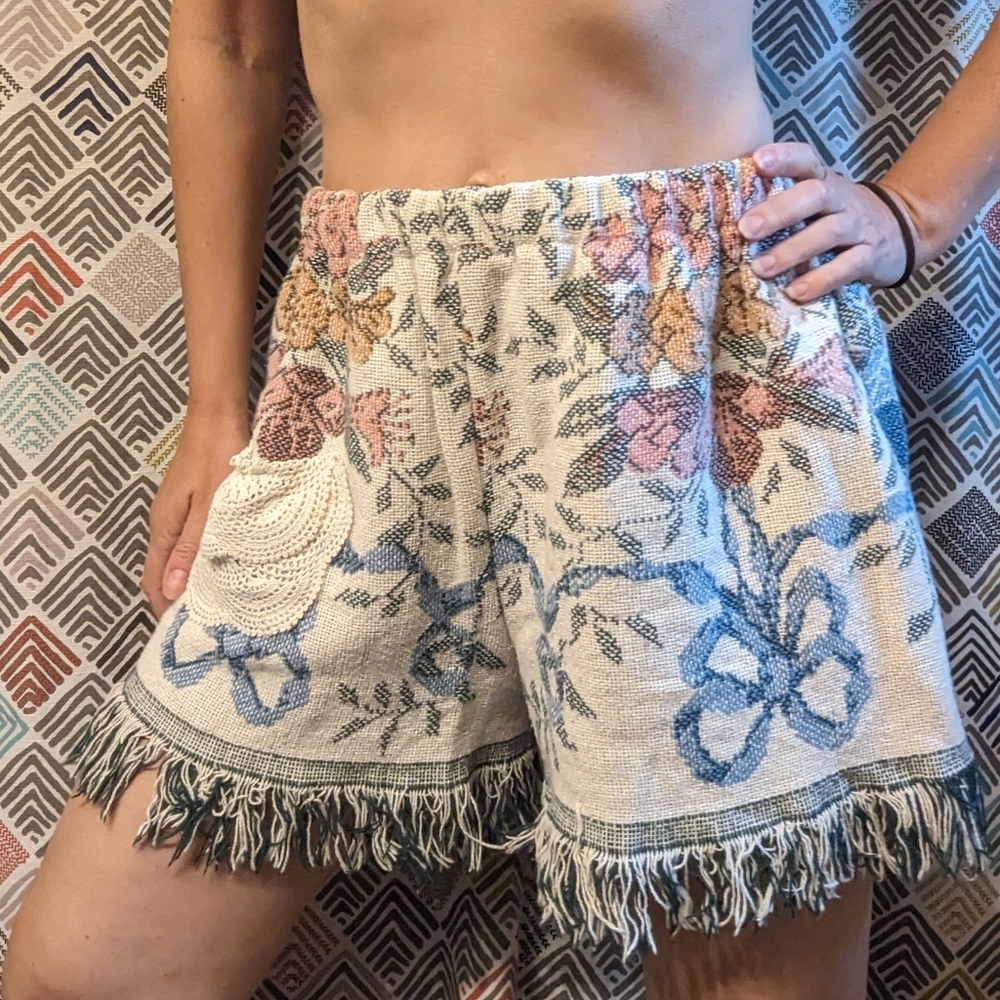 FRINGED SHORTS made from a vintage bedspread M L